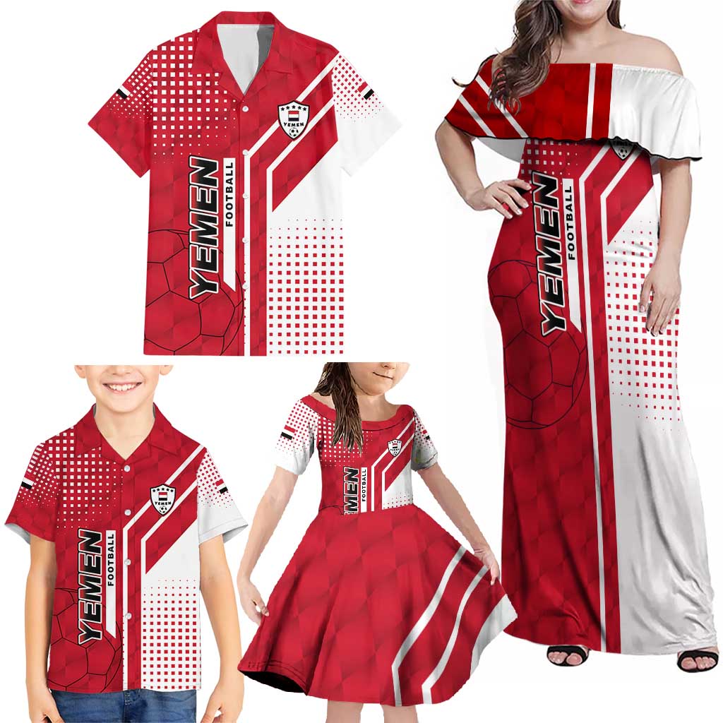 Yemen Football Family Matching Off Shoulder Maxi Dress and Hawaiian Shirt with Red and White Flag Design