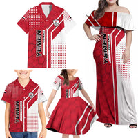 Yemen Football Family Matching Off Shoulder Maxi Dress and Hawaiian Shirt with Red and White Flag Design