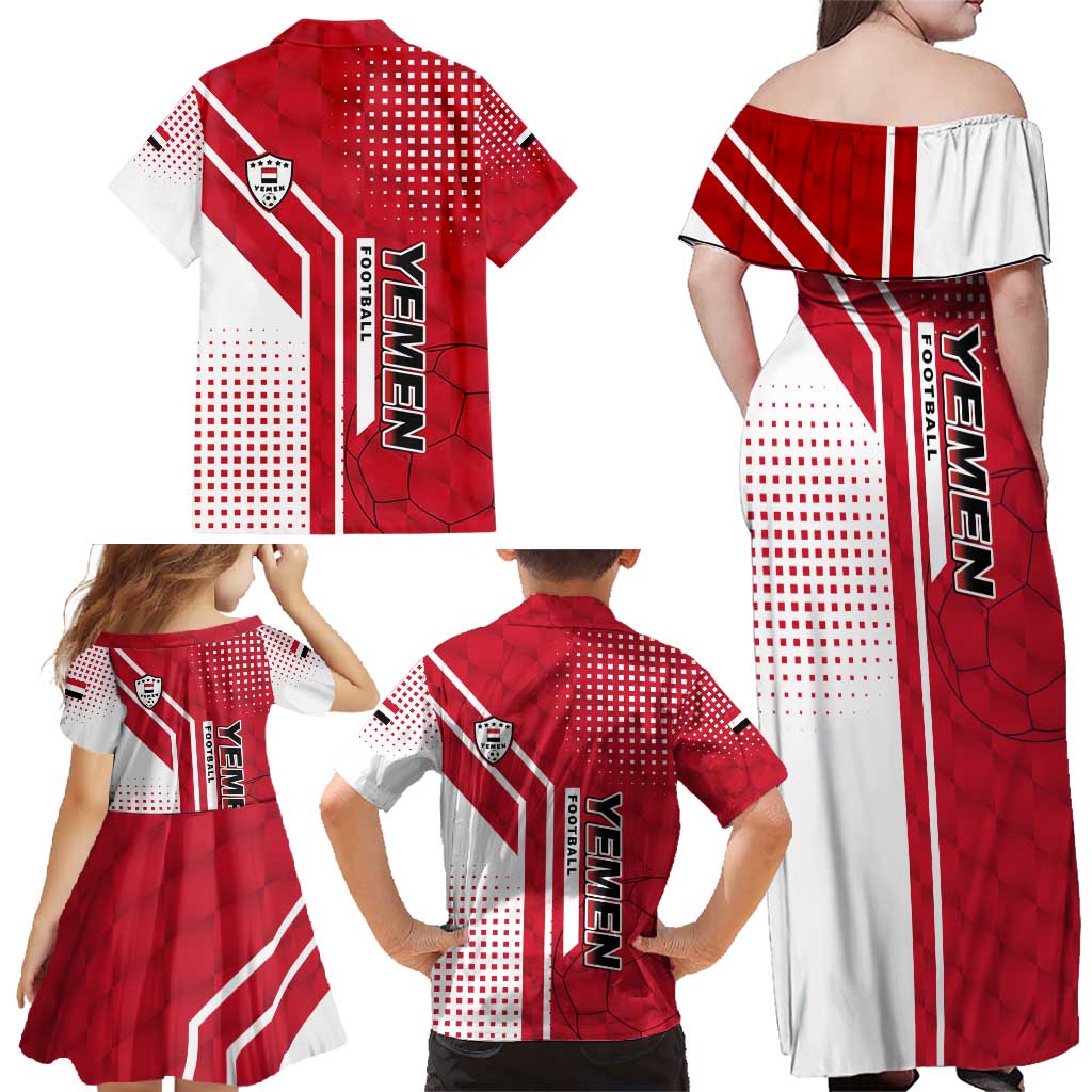 Yemen Football Family Matching Off Shoulder Maxi Dress and Hawaiian Shirt with Red and White Flag Design