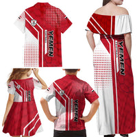 Yemen Football Family Matching Off Shoulder Maxi Dress and Hawaiian Shirt with Red and White Flag Design