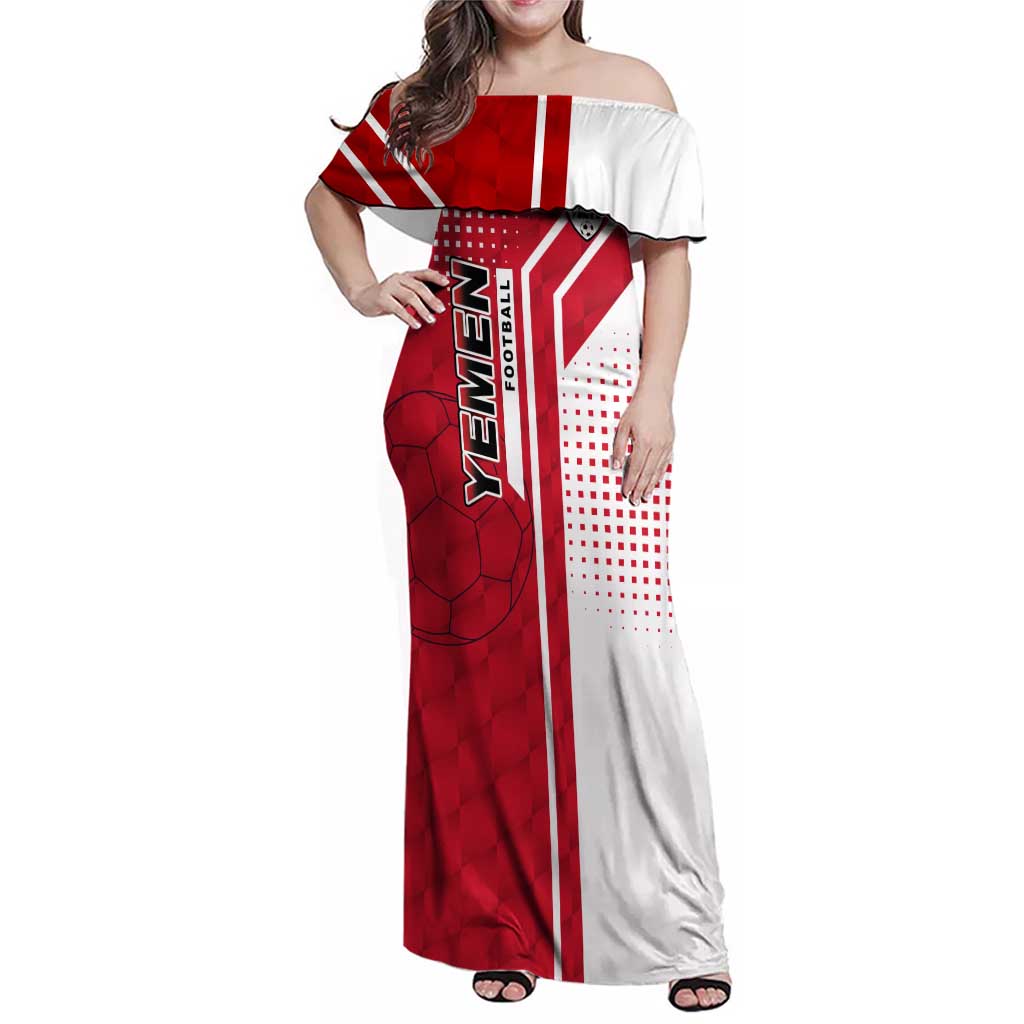 Yemen Football Family Matching Off Shoulder Maxi Dress and Hawaiian Shirt with Red and White Flag Design
