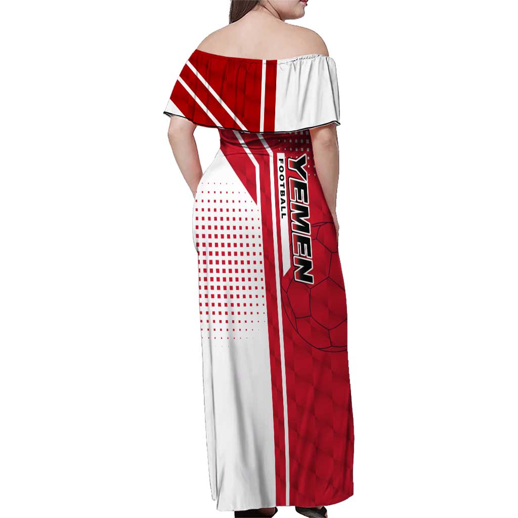 Yemen Football Family Matching Off Shoulder Maxi Dress and Hawaiian Shirt with Red and White Flag Design