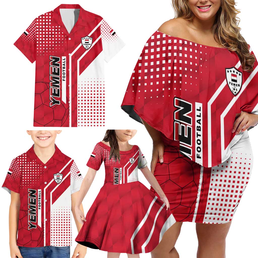 Yemen Football Family Matching Off Shoulder Short Dress and Hawaiian Shirt with Red and White Flag Design