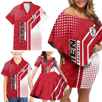 Yemen Football Family Matching Off Shoulder Short Dress and Hawaiian Shirt with Red and White Flag Design