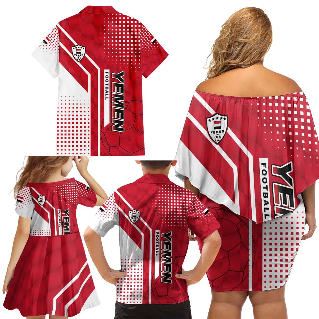 Yemen Football Family Matching Off Shoulder Short Dress and Hawaiian Shirt with Red and White Flag Design