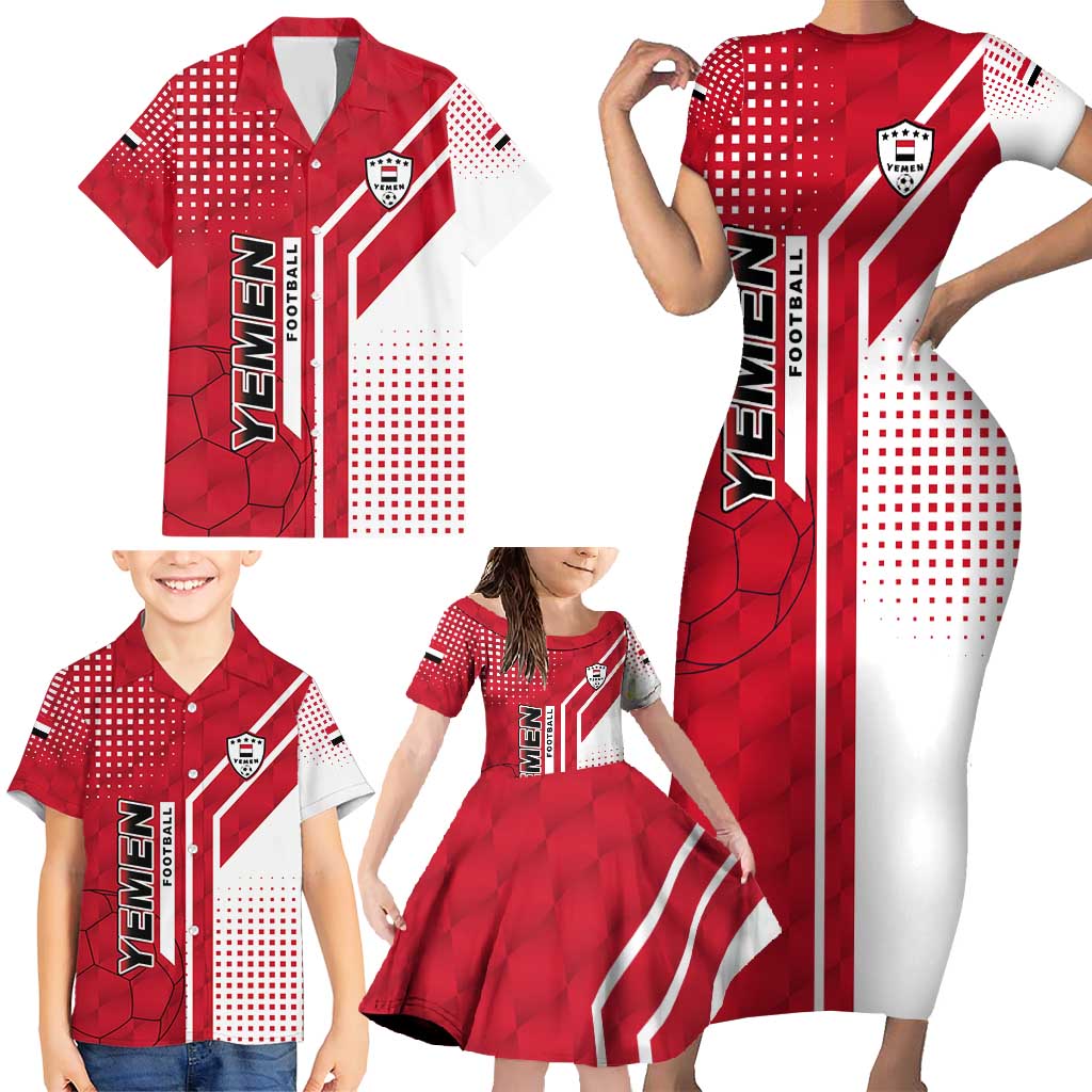 Yemen Football Family Matching Short Sleeve Bodycon Dress and Hawaiian Shirt with Red and White Flag Design
