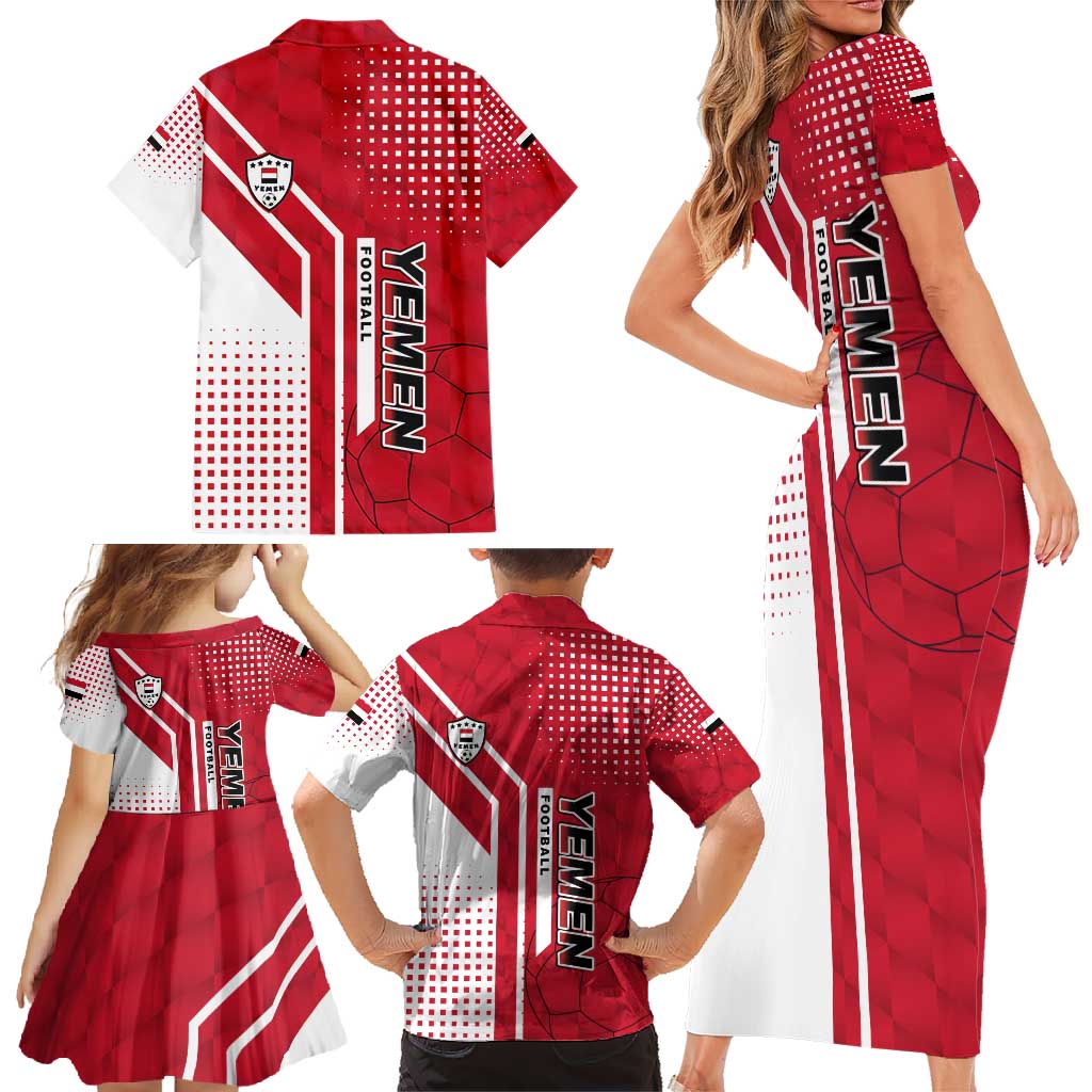 Yemen Football Family Matching Short Sleeve Bodycon Dress and Hawaiian Shirt with Red and White Flag Design