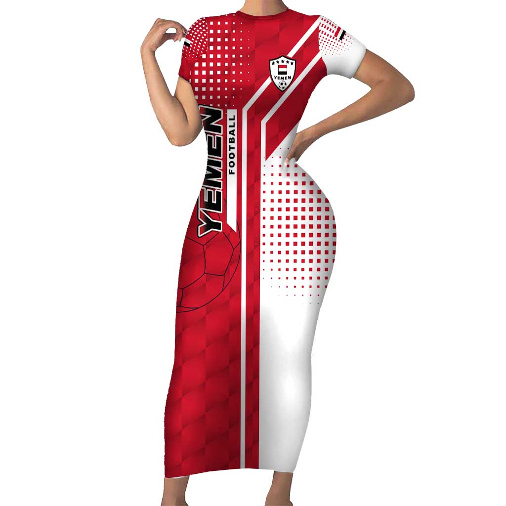 Yemen Football Family Matching Short Sleeve Bodycon Dress and Hawaiian Shirt with Red and White Flag Design