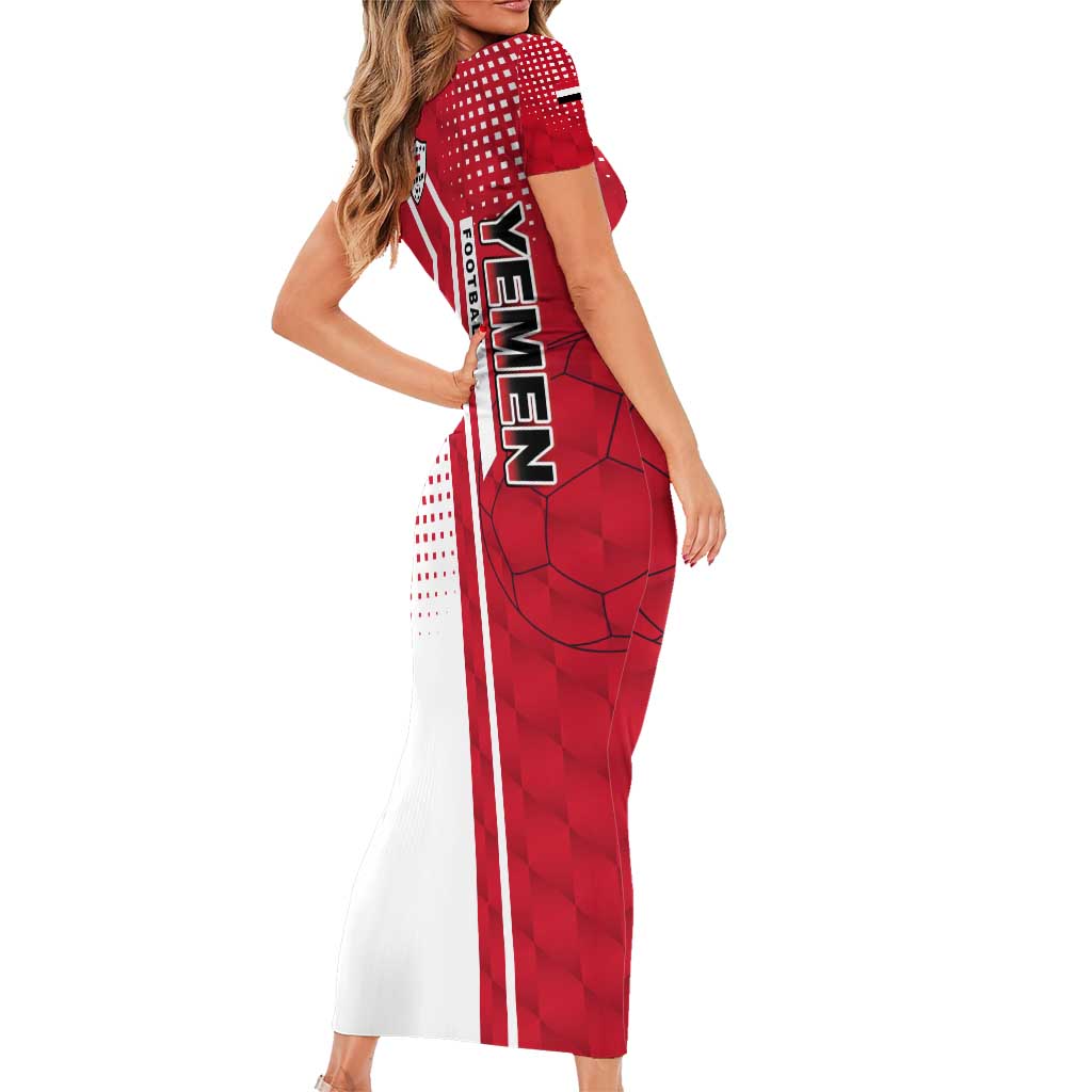 Yemen Football Family Matching Short Sleeve Bodycon Dress and Hawaiian Shirt with Red and White Flag Design