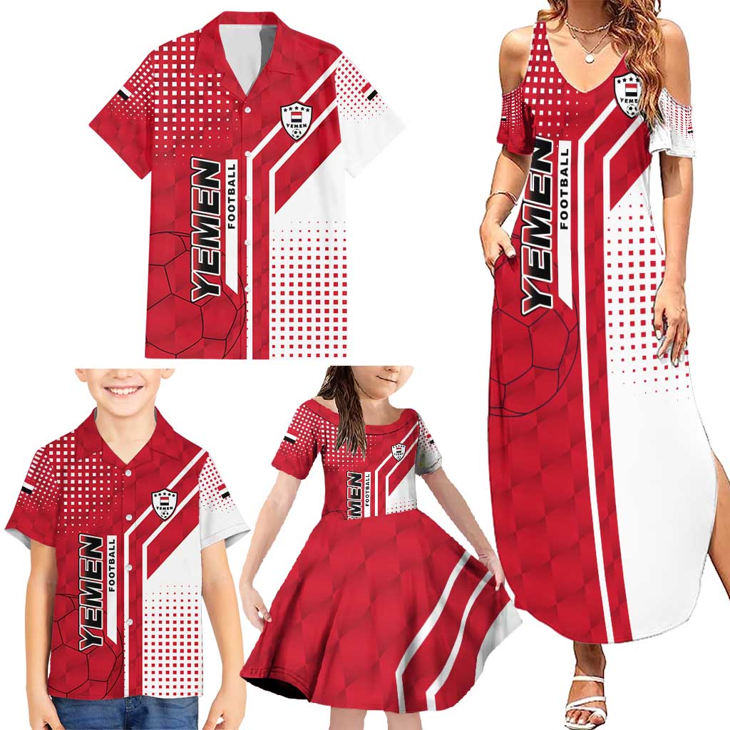 Yemen Football Family Matching Summer Maxi Dress and Hawaiian Shirt with Red and White Flag Design