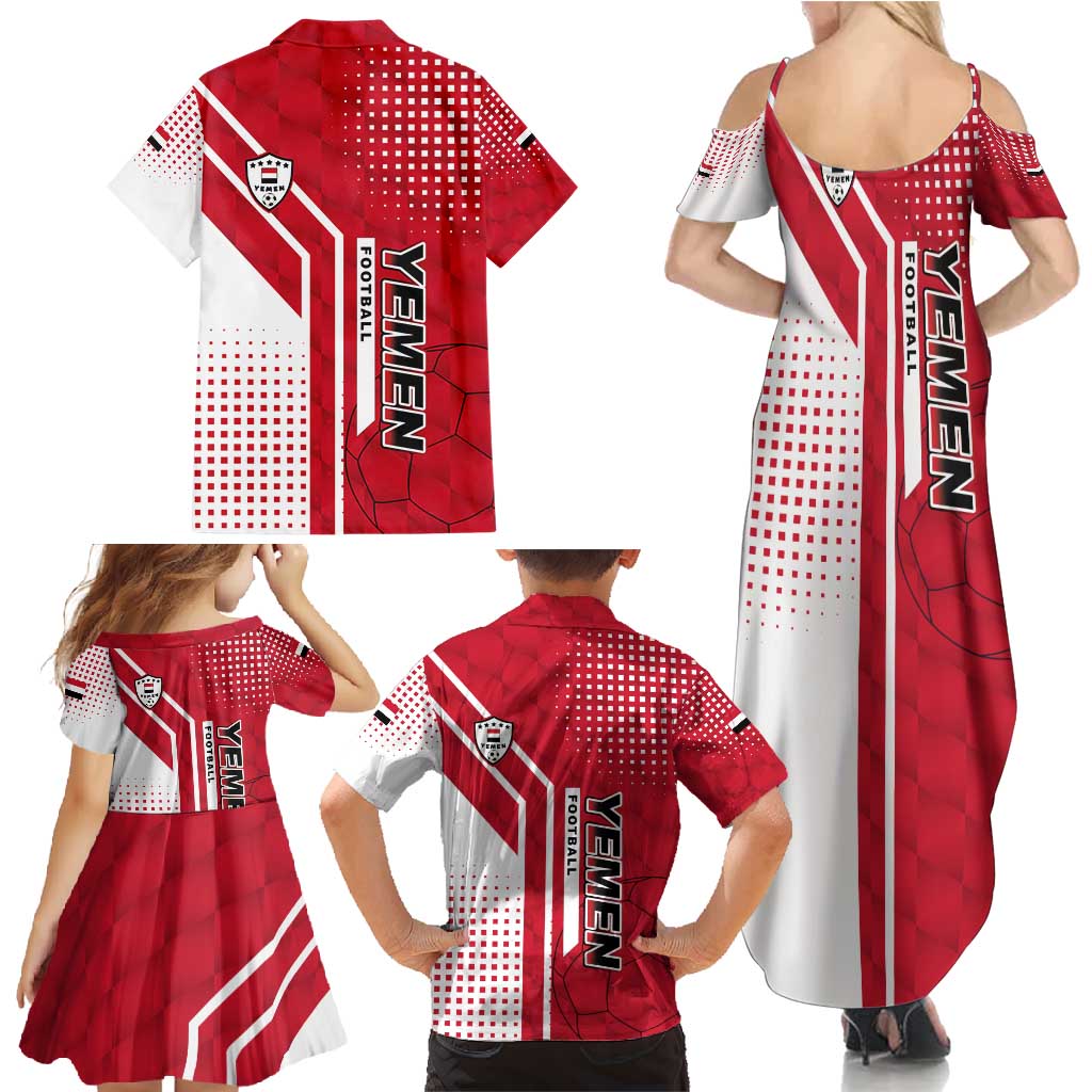 Yemen Football Family Matching Summer Maxi Dress and Hawaiian Shirt with Red and White Flag Design