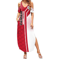 Yemen Football Family Matching Summer Maxi Dress and Hawaiian Shirt with Red and White Flag Design