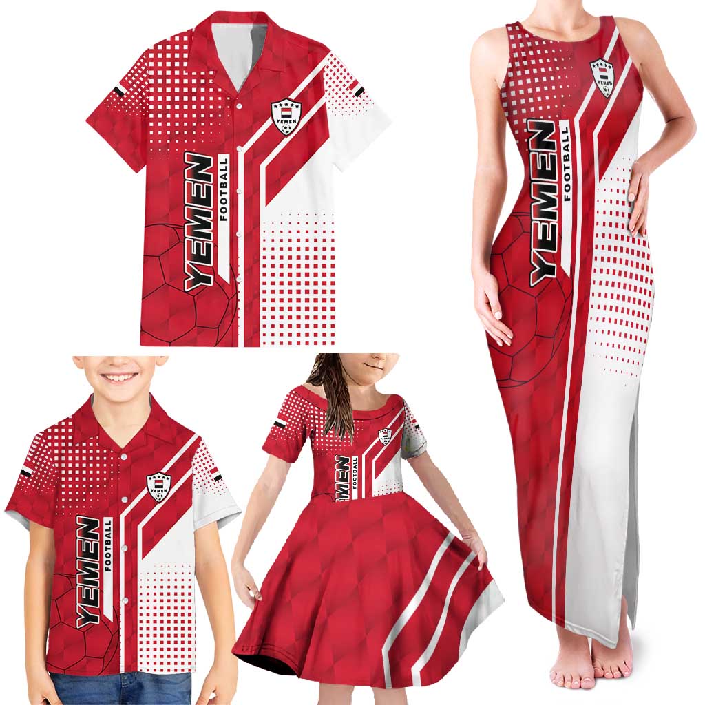 Yemen Football Family Matching Tank Maxi Dress and Hawaiian Shirt with Red and White Flag Design