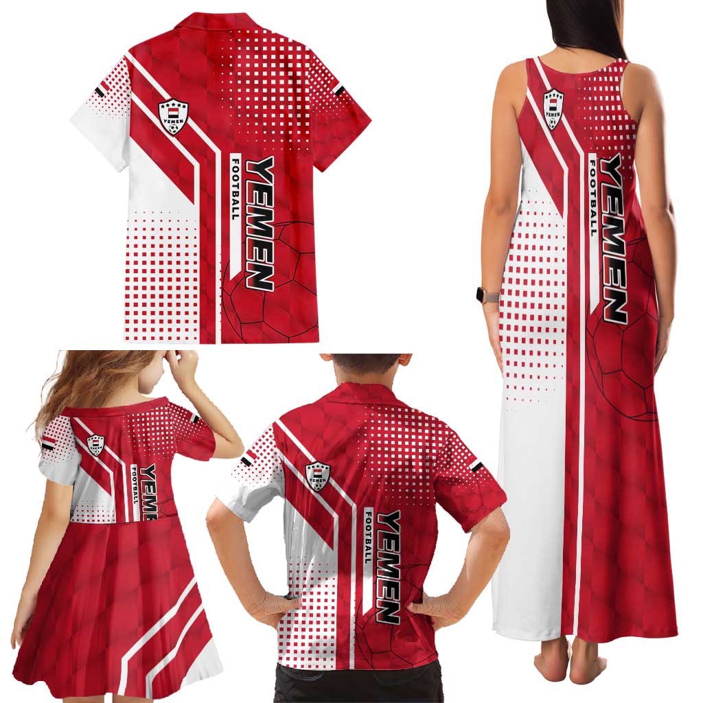 Yemen Football Family Matching Tank Maxi Dress and Hawaiian Shirt with Red and White Flag Design
