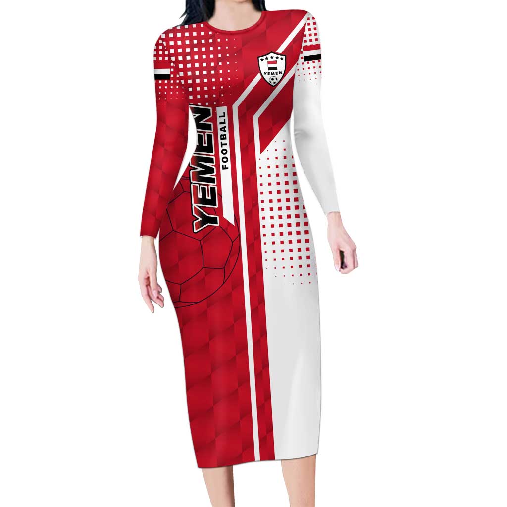 Yemen Football Long Sleeve Bodycon Dress with Red and White Flag Design