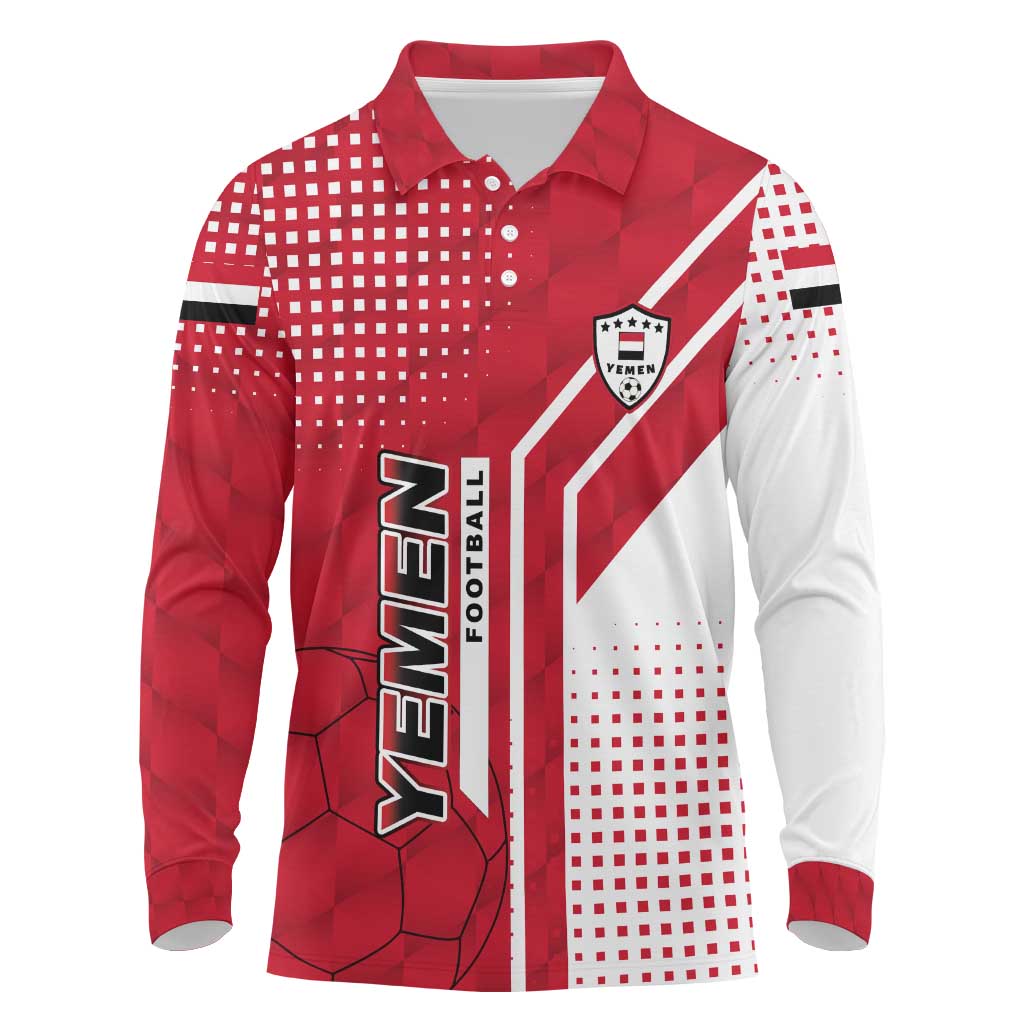 Yemen Football Long Sleeve Polo Shirt with Red and White Flag Design