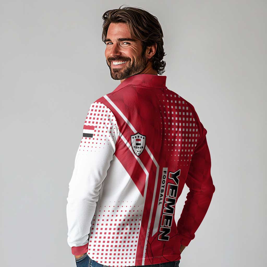 Yemen Football Long Sleeve Polo Shirt with Red and White Flag Design