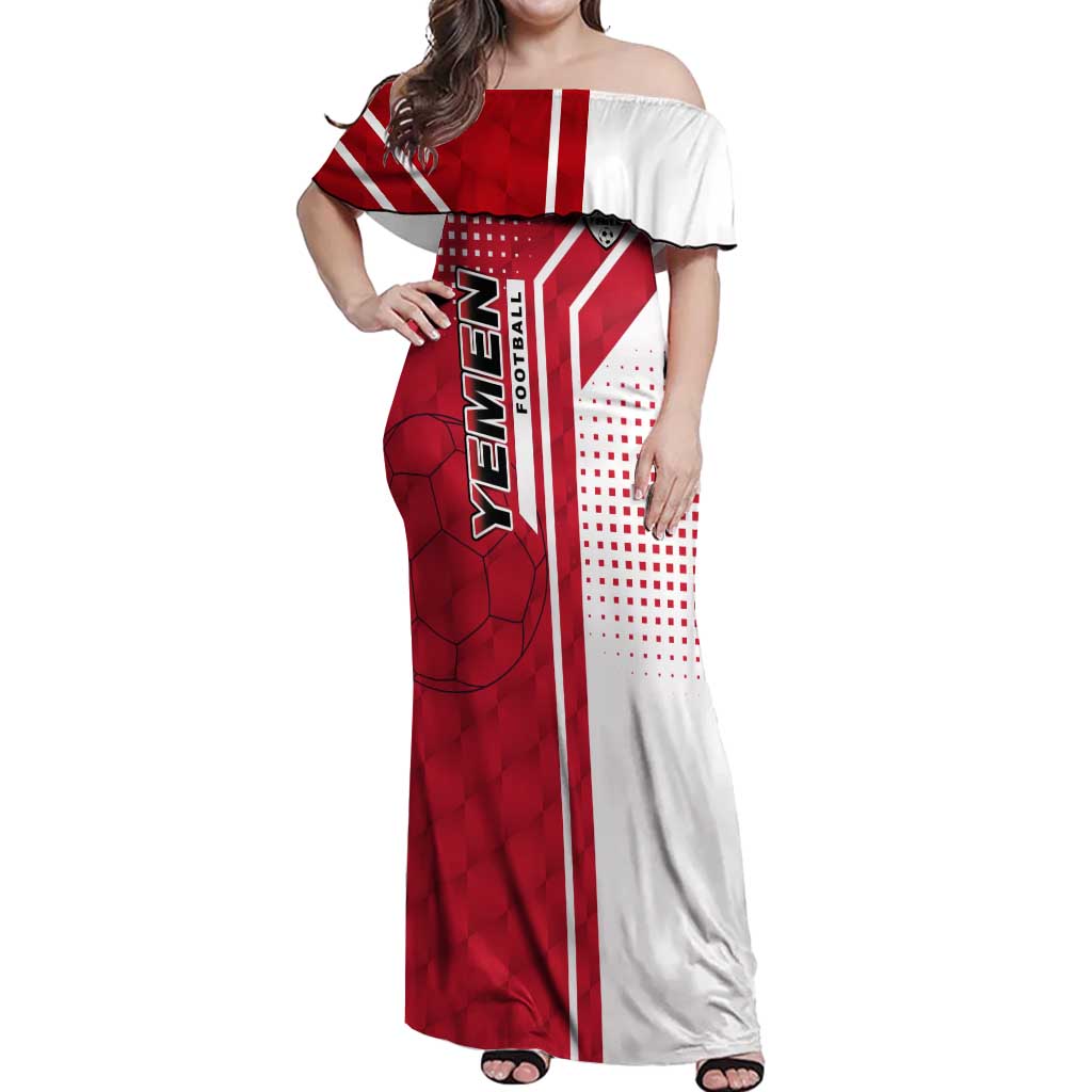 Yemen Football Off Shoulder Maxi Dress with Red and White Flag Design