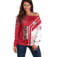 Yemen Football Off Shoulder Sweater with Red and White Flag Design