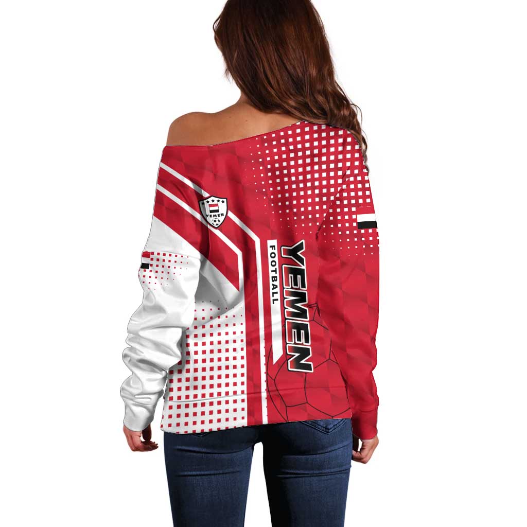 Yemen Football Off Shoulder Sweater with Red and White Flag Design