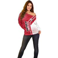 Yemen Football Off Shoulder Sweater with Red and White Flag Design