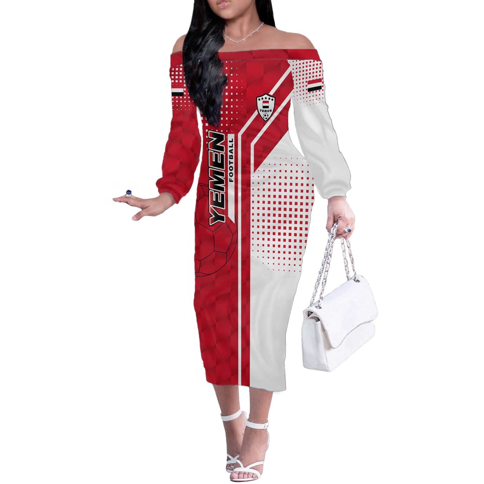 Yemen Football Off The Shoulder Long Sleeve Dress with Red and White Flag Design