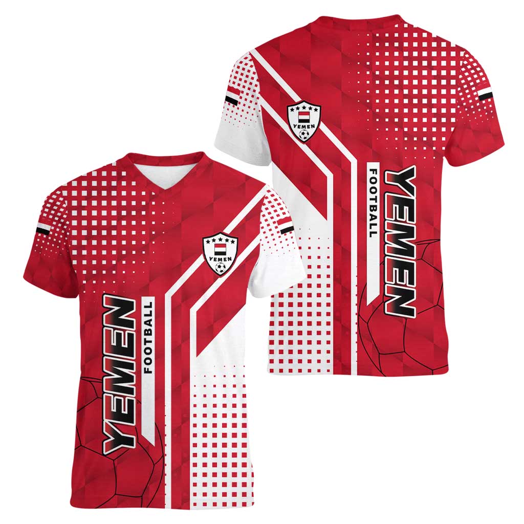 Yemen Football Women V-Neck T-Shirt with Red and White Flag Design