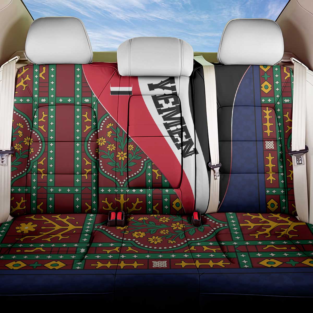 Yemen Heritage Back Car Seat Cover with Traditional Pattern and Flag Colors