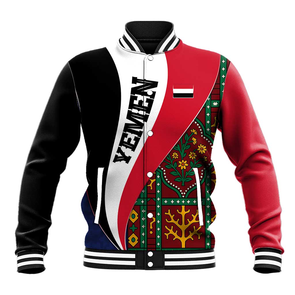 Yemen Heritage Baseball Jacket with Traditional Pattern and Flag Colors