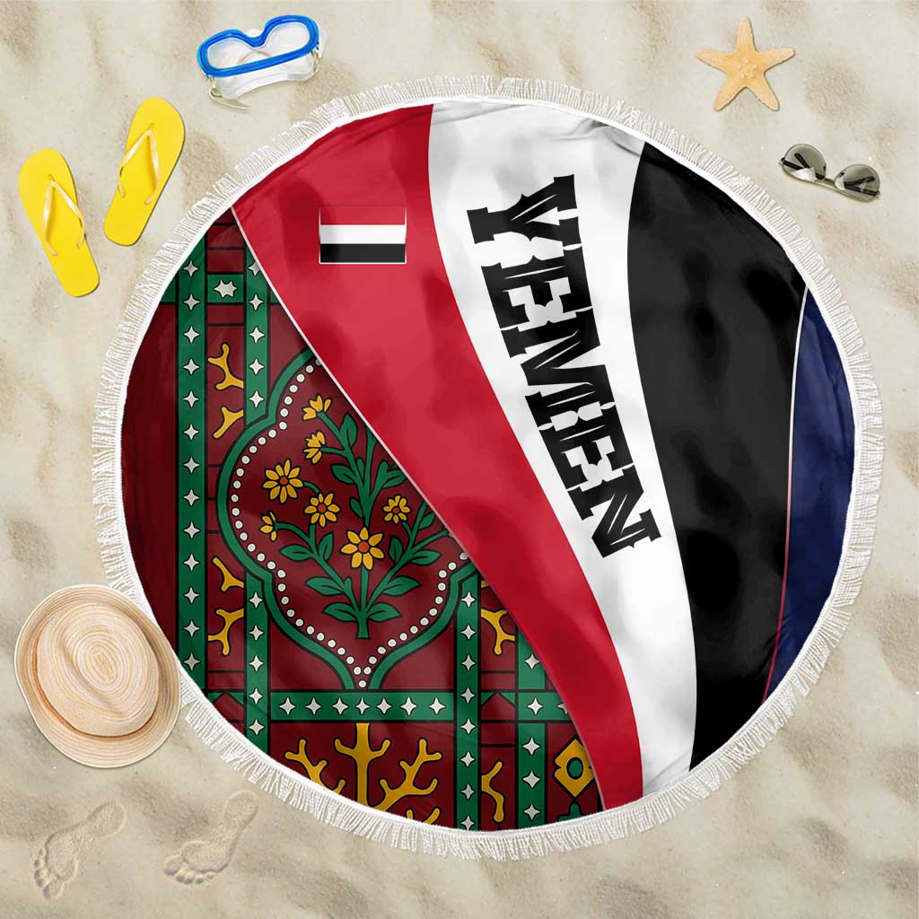 Yemen Heritage Beach Blanket with Traditional Pattern and Flag Colors