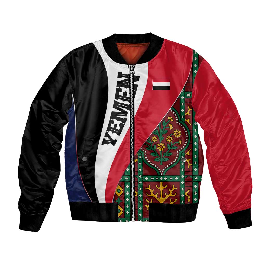 Yemen Heritage Bomber Jacket with Traditional Pattern and Flag Colors