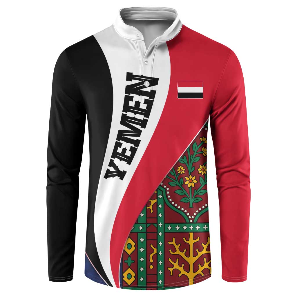 Yemen Heritage Button Sweatshirt with Traditional Pattern and Flag Colors