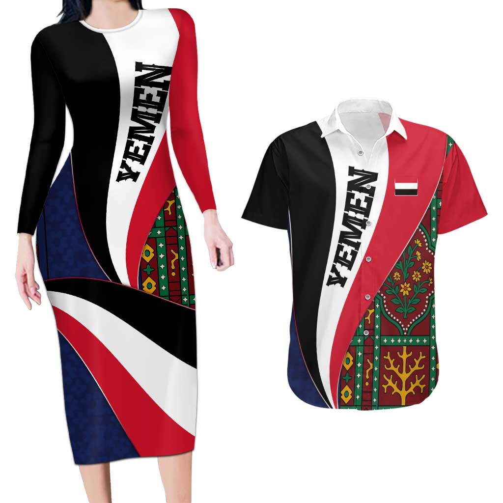 Yemen Heritage Couples Matching Long Sleeve Bodycon Dress and Hawaiian Shirt with Traditional Pattern and Flag Colors