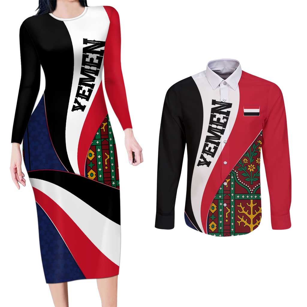 Yemen Heritage Couples Matching Long Sleeve Bodycon Dress and Long Sleeve Button Shirt with Traditional Pattern and Flag Colors