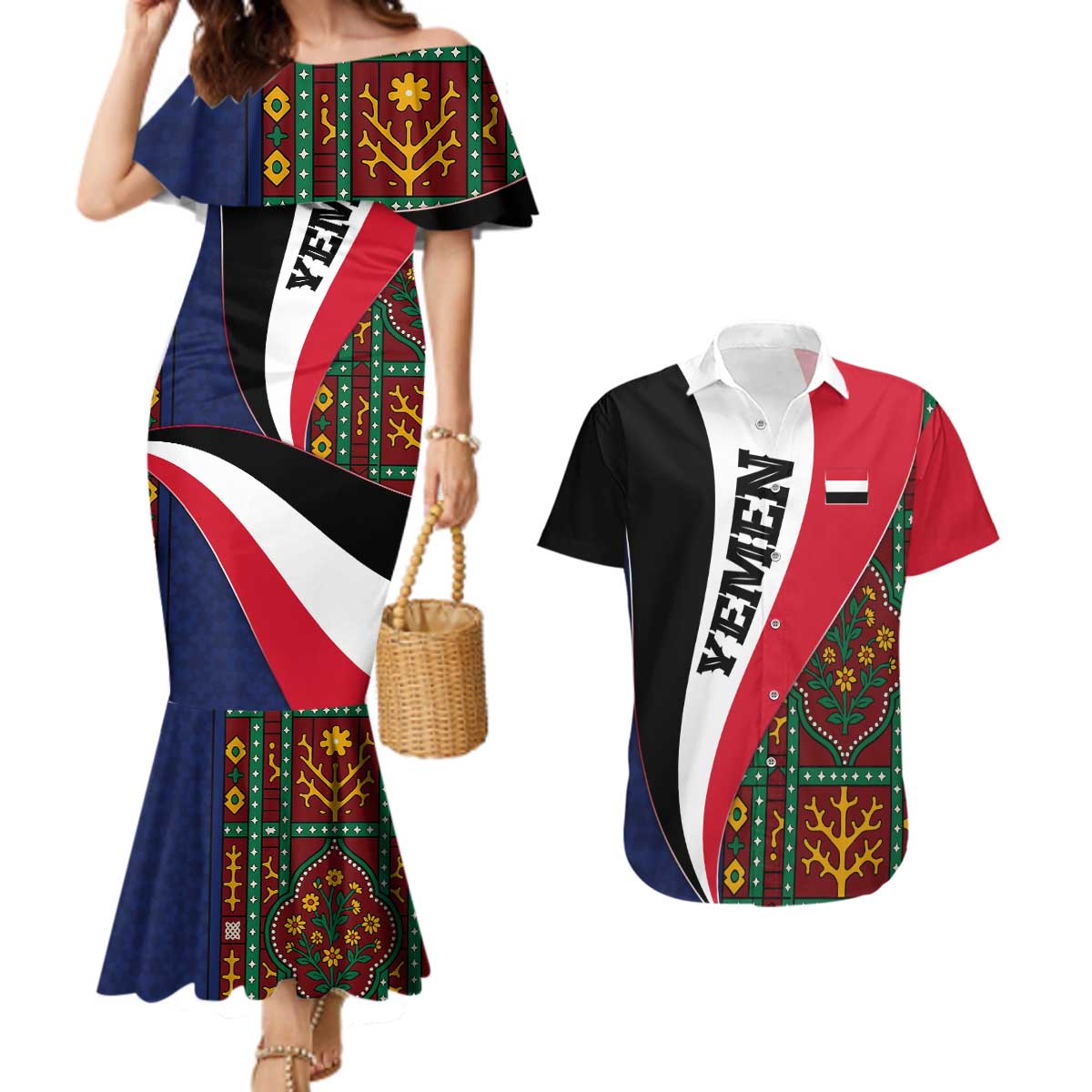 Yemen Heritage Couples Matching Mermaid Dress and Hawaiian Shirt with Traditional Pattern and Flag Colors