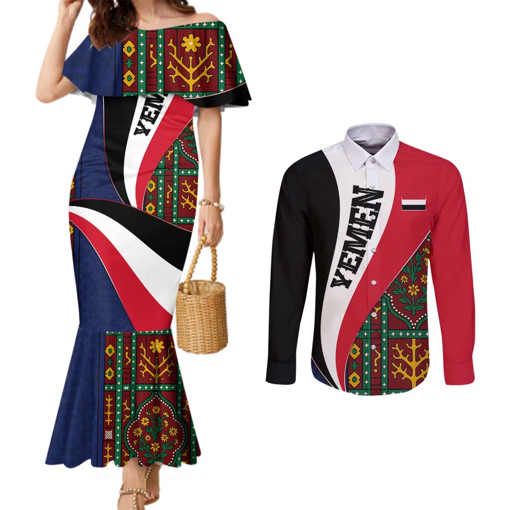 Yemen Heritage Couples Matching Mermaid Dress and Long Sleeve Button Shirt with Traditional Pattern and Flag Colors