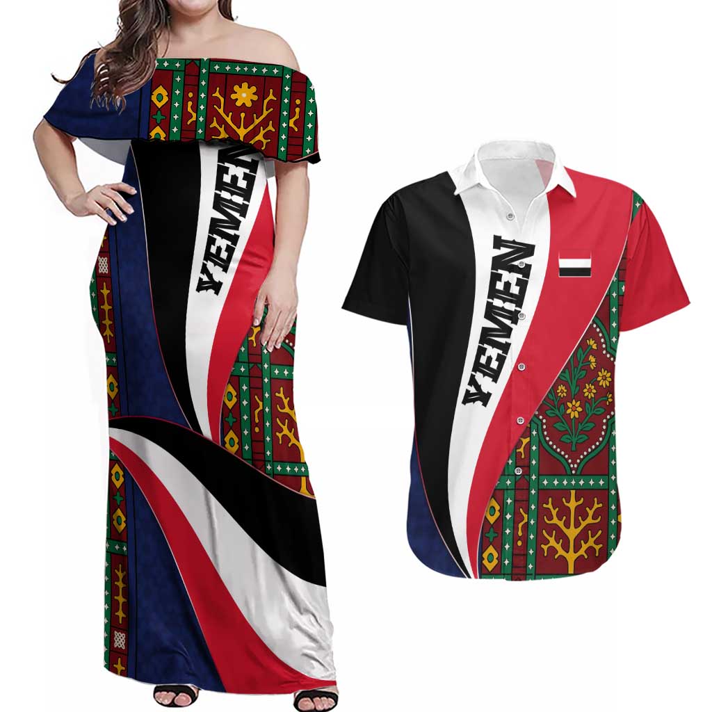 Yemen Heritage Couples Matching Off Shoulder Maxi Dress and Hawaiian Shirt with Traditional Pattern and Flag Colors