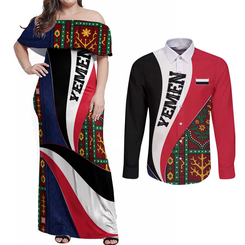 Yemen Heritage Couples Matching Off Shoulder Maxi Dress and Long Sleeve Button Shirt with Traditional Pattern and Flag Colors