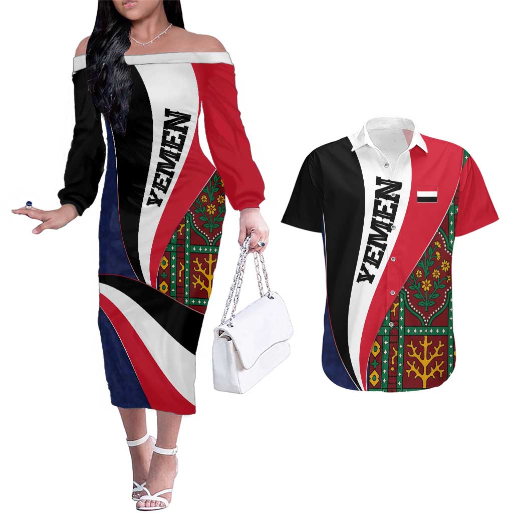 Yemen Heritage Couples Matching Off The Shoulder Long Sleeve Dress and Hawaiian Shirt with Traditional Pattern and Flag Colors