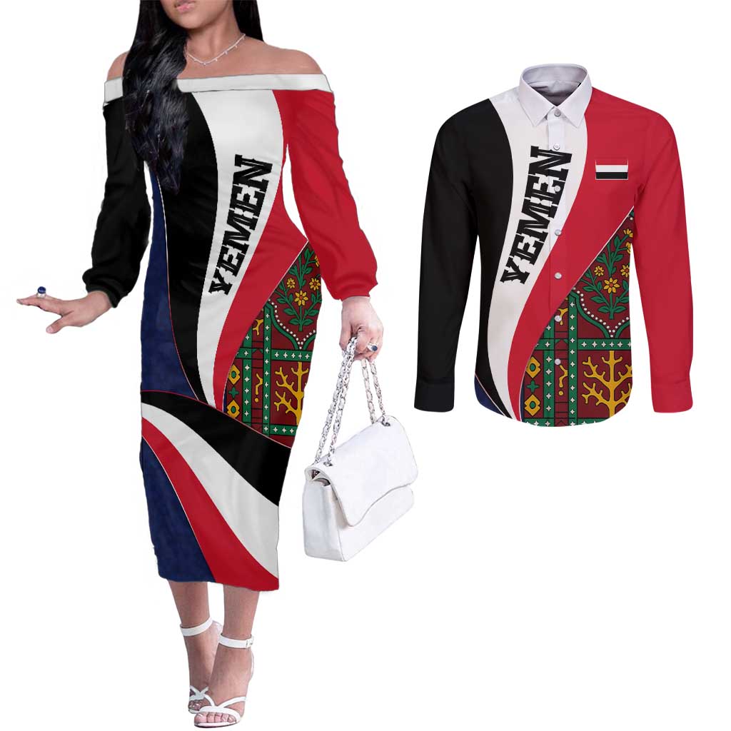 Yemen Heritage Couples Matching Off The Shoulder Long Sleeve Dress and Long Sleeve Button Shirt with Traditional Pattern and Flag Colors