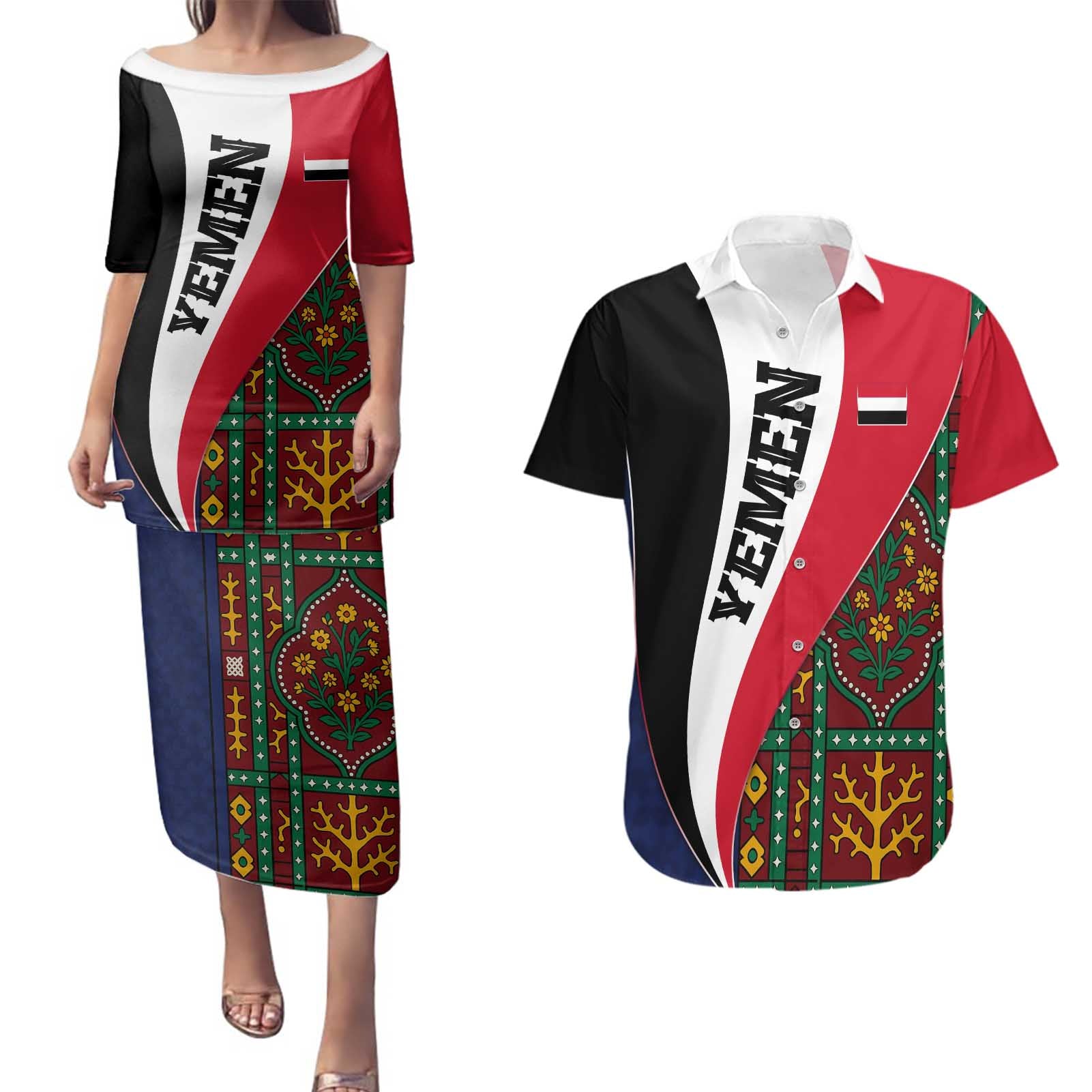 Yemen Heritage Couples Matching Puletasi and Hawaiian Shirt with Traditional Pattern and Flag Colors