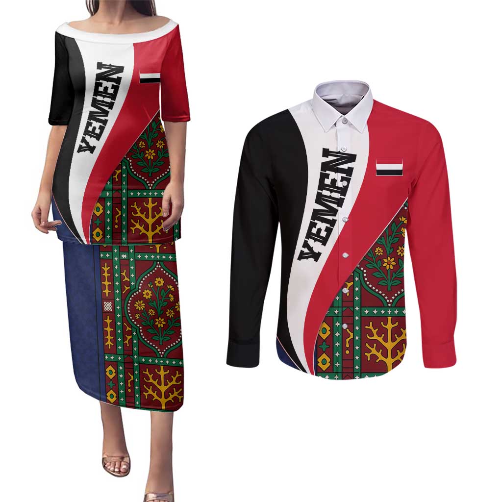 Yemen Heritage Couples Matching Puletasi and Long Sleeve Button Shirt with Traditional Pattern and Flag Colors