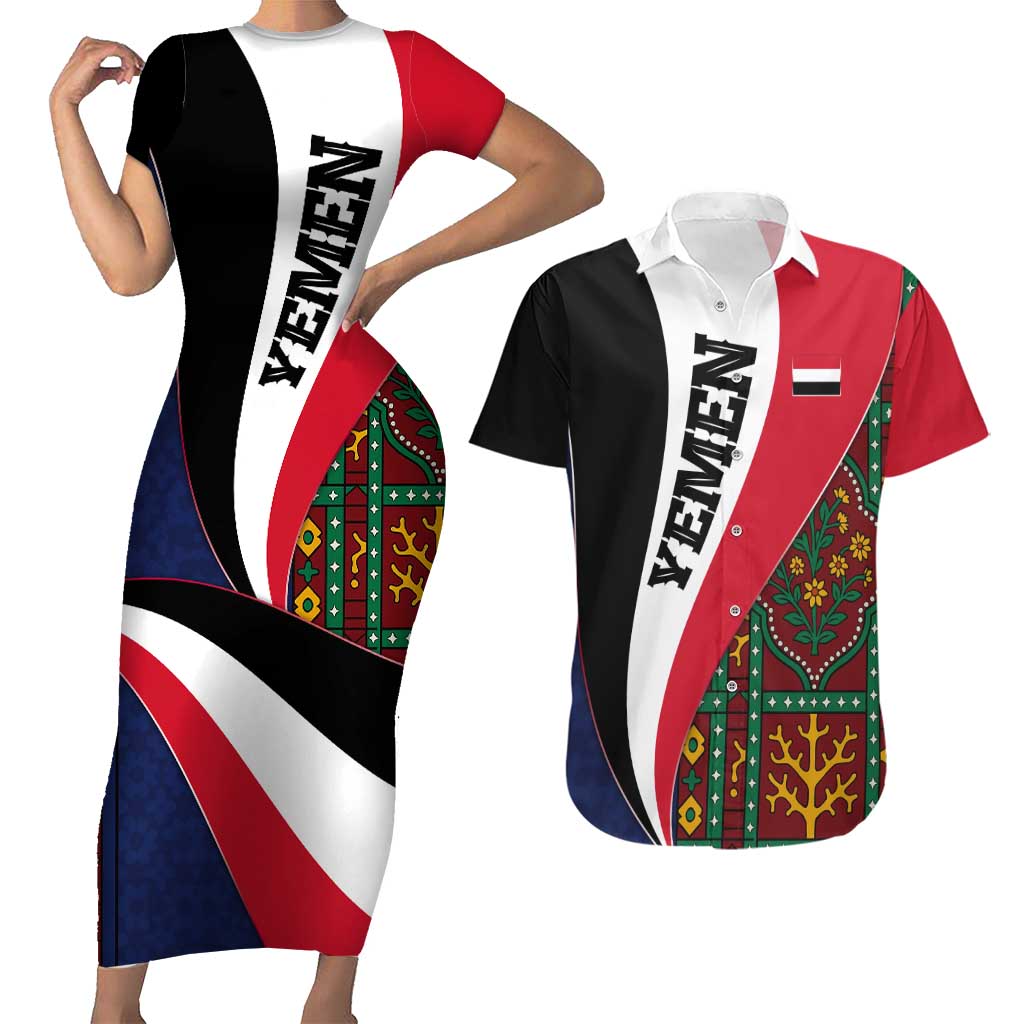Yemen Heritage Couples Matching Short Sleeve Bodycon Dress and Hawaiian Shirt with Traditional Pattern and Flag Colors