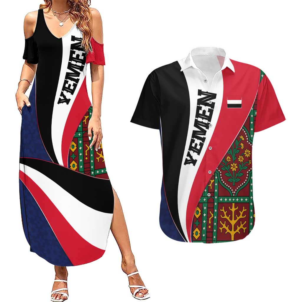 Yemen Heritage Couples Matching Summer Maxi Dress and Hawaiian Shirt with Traditional Pattern and Flag Colors