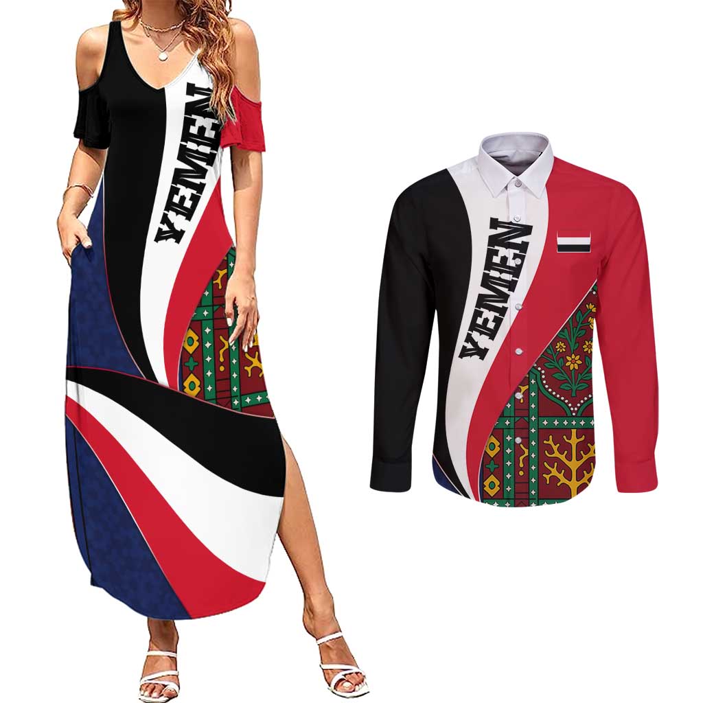 Yemen Heritage Couples Matching Summer Maxi Dress and Long Sleeve Button Shirt with Traditional Pattern and Flag Colors