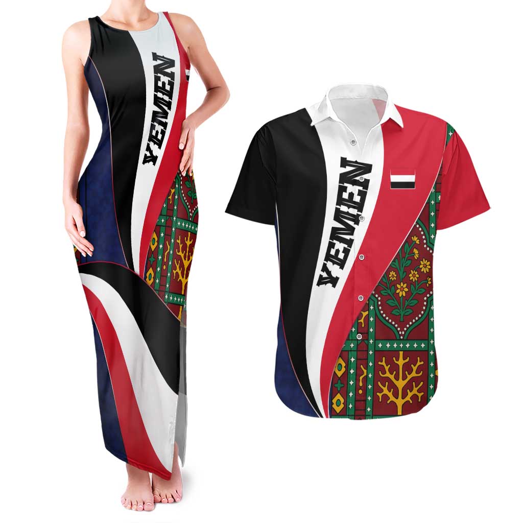 Yemen Heritage Couples Matching Tank Maxi Dress and Hawaiian Shirt with Traditional Pattern and Flag Colors