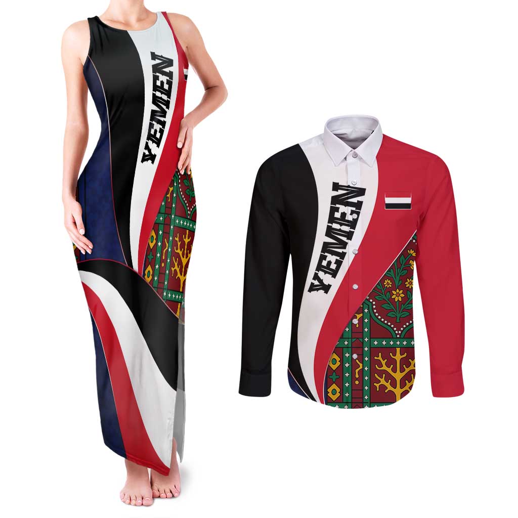 Yemen Heritage Couples Matching Tank Maxi Dress and Long Sleeve Button Shirt with Traditional Pattern and Flag Colors