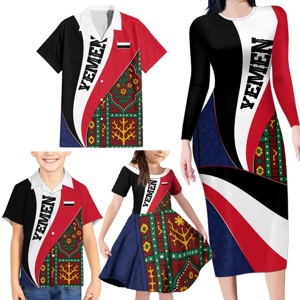Yemen Heritage Family Matching Long Sleeve Bodycon Dress and Hawaiian Shirt with Traditional Pattern and Flag Colors