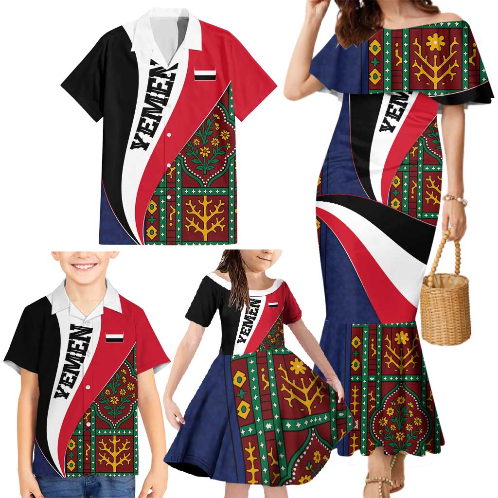Yemen Heritage Family Matching Mermaid Dress and Hawaiian Shirt with Traditional Pattern and Flag Colors