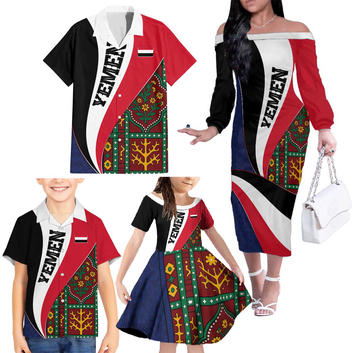 Yemen Heritage Family Matching Off The Shoulder Long Sleeve Dress and Hawaiian Shirt with Traditional Pattern and Flag Colors